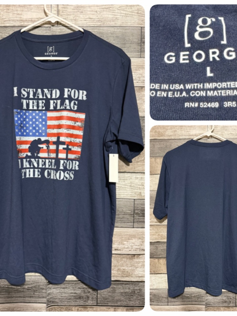 George I Stand For The Flag I Kneel For The Cross T Shirt Men’s L Navy Blue